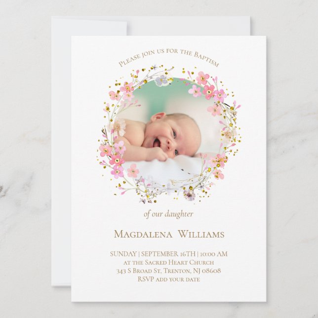 cadre photo de fleurs couronne | Invitation au bap (Devant)