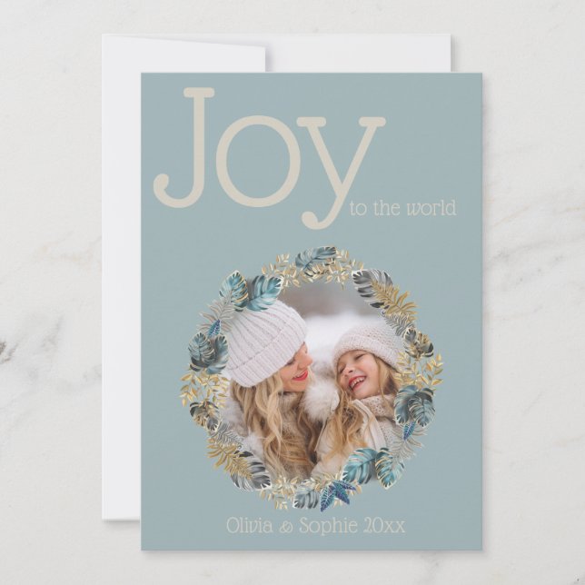 Cadre photo de Noël tropical rond à feuillage bleu (Devant)