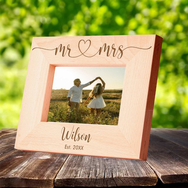 Cadre photo en bois de couple Fiançailles avec nom (Couple Engagement Wooden Photo Frame with Names Engraved Frames)