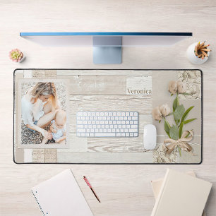 Cadre photo & Fleurs enrobées de ruban sur bois bl