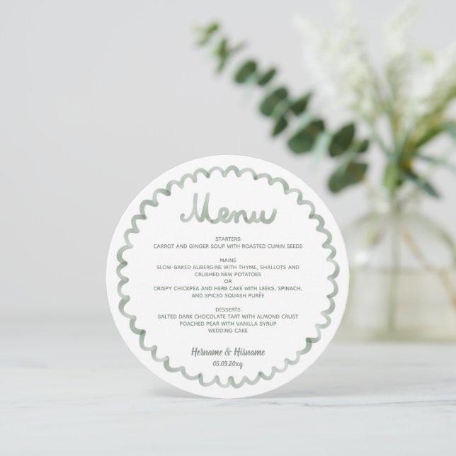 Cadre Rond Fantaisiste Vert Sauge Menu de Mariage (Debout devant)