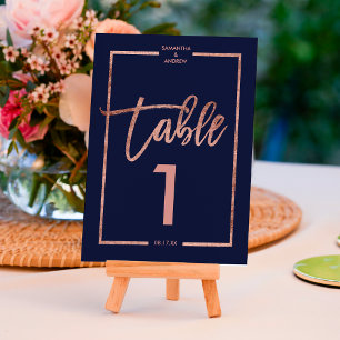 Cadre rose gold script numéro de table bleu marine