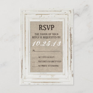 Cadre rustique blanc et carte RSVP Burlap