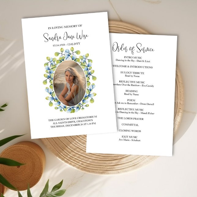 Cadre verdoyant Photo Funérailles Carte de command (Funeral Order of Service Program with photo framed with greenery by Darling & May)