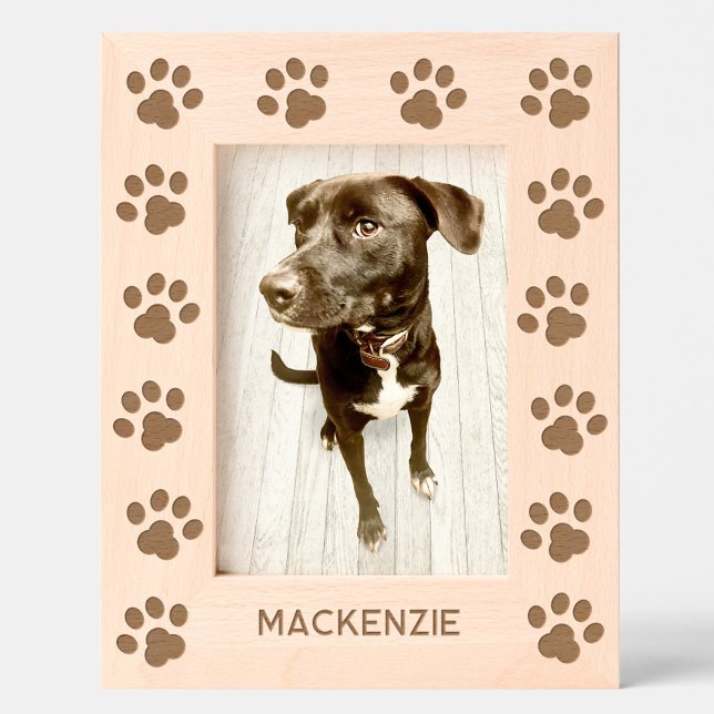 Cadres Gravés Empreintes de pattes avec nom de chien personnalis (Cute personalized pet dog name paw prints etched wooden photo frame)