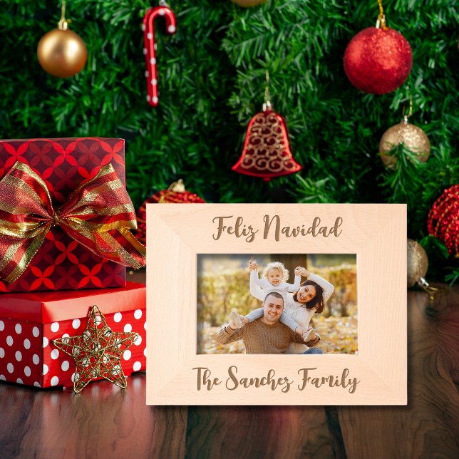 Cadres Gravés Feliz Navidad & Custom Nom de famille (Wooden photo Frame Spanish Christmas Feliz Navidad, custom family Name & text. )