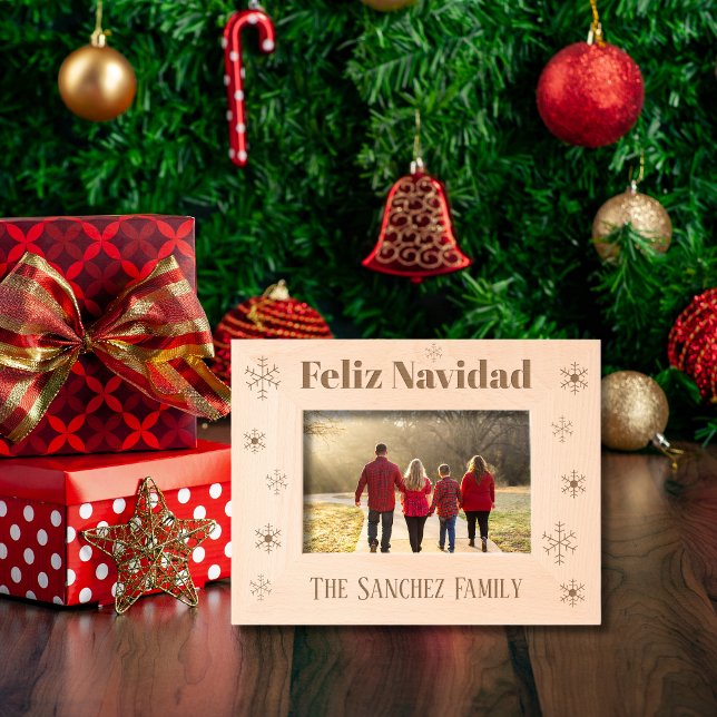 Cadres Gravés Feliz Navidad, Nom de famille personnalisé avec de (Wooden photo Frame Spanish Christmas, Custom family name, Christian message.)