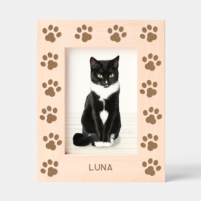 Cadres Gravés Personalized Cat Name Paw Prints (Personalized Cat Name paw prints etched wooden photo frame for pet lovers)