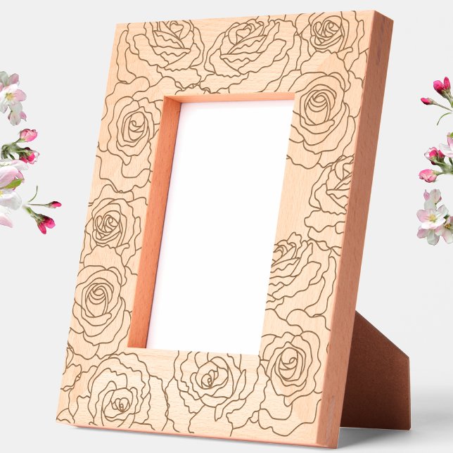 Cadres Gravés Roses Floral Botanique (Modern roses botanical line art etched wooden photo frame)