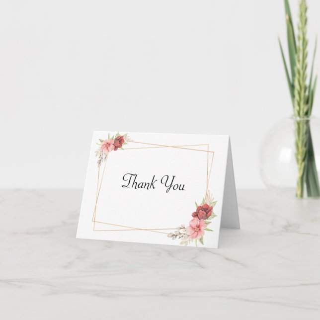 Cadres or et cartes de remerciements florales rose (Devant)