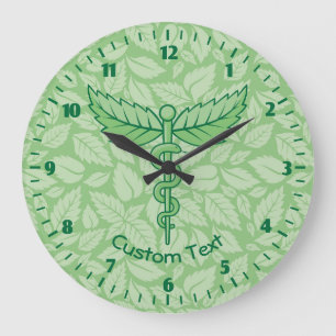 Caducée avec fond de feuilles Grande horloge