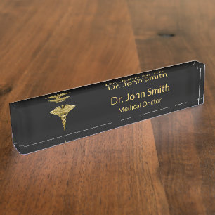 Caducée Médicale chic d'or sur le noir - plaque