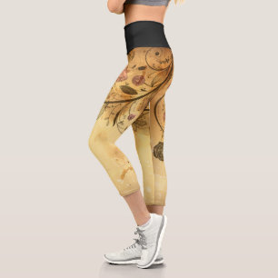 Café Brown Flourish Roses roses Capri Leggings