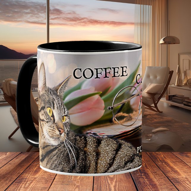 Café Chats et livres Mug (Coffee mug featuring a lovely spring image of a tabby cat with tulips, books and a pair of glasses)