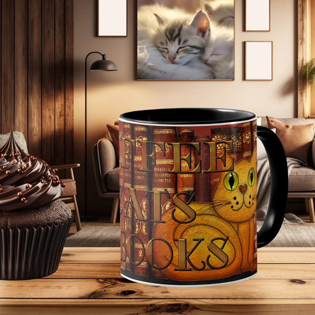 Café Chats et livres Mug Amoureux des chats artist (Mug featuring a painting of a cute cat on a background with vintage books. Coffee, cats and books)