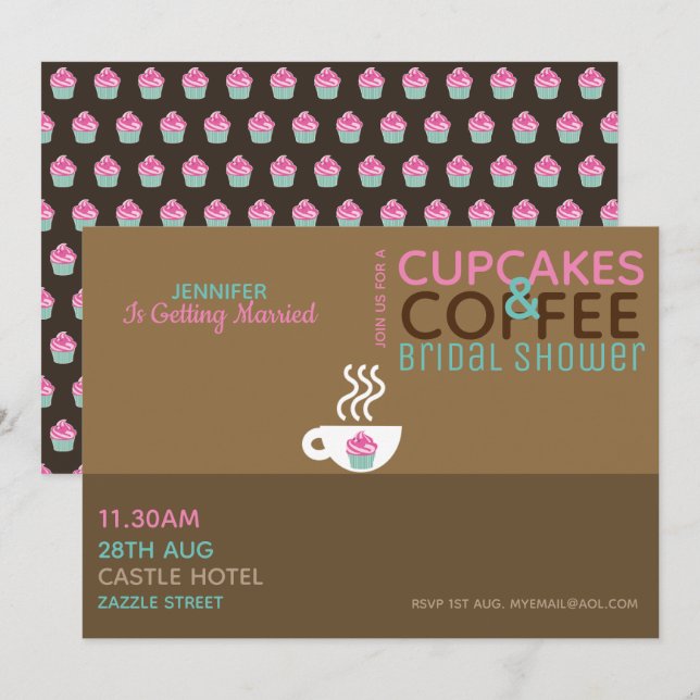 CAFÉ CUPCAKES Douche nuptiale Invitation Pink Choc (Devant / Derrière)