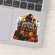 Café félin hanté Autocollant de chat noir Hallowee