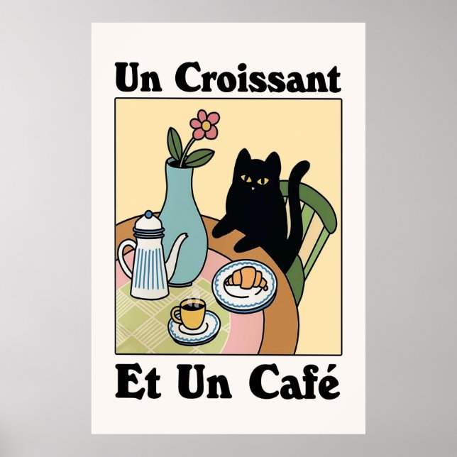 Café Français Croissant Cat Imprimer Poster (Devant)