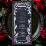 Café gothique Argent Rose Bleu Mariage Menu<br><div class="desc">Ajoutez une touche d'élégance gothique à votre festin avec ces menus mariages à la structure en forme de cercueil, ornés d'épines, de roses et d'argent contre un arrière - plan bleu profond. Parfait pour un dîner romantique ! Personnalisez le texte, la police et la couleur arrière - plan en fonction...</div>
