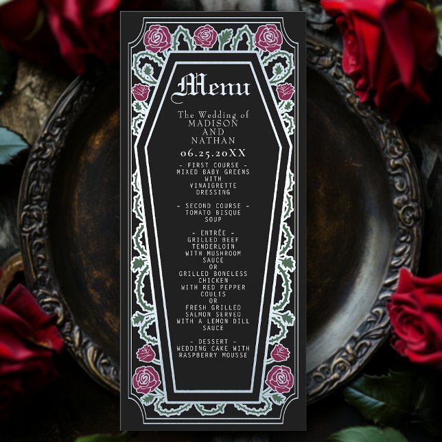 Café gothique Argent Rose Mariage noir Menu (Créateur téléchargé)