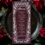 Café gothique Argent Rose Mariage rouge Menu<br><div class="desc">Ajoutez une touche d'élégance gothique à votre festin avec ces menus mariages à la structure en forme de cercueil, ornés d'épines, de roses et d'argent contre un riche arrière - plan rouge. Parfait pour un dîner romantique ! Personnalisez le texte, la police et la couleur arrière - plan en fonction...</div>