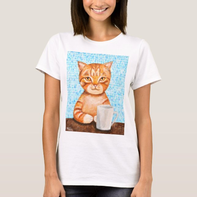 Café potable orange de chat tigré de T-shirt drôle (Devant)