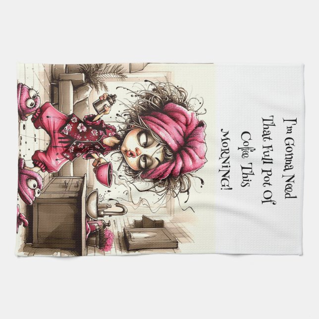 Café Quirky Lady Full Pot Serviettes de cuisine (Horizontal)