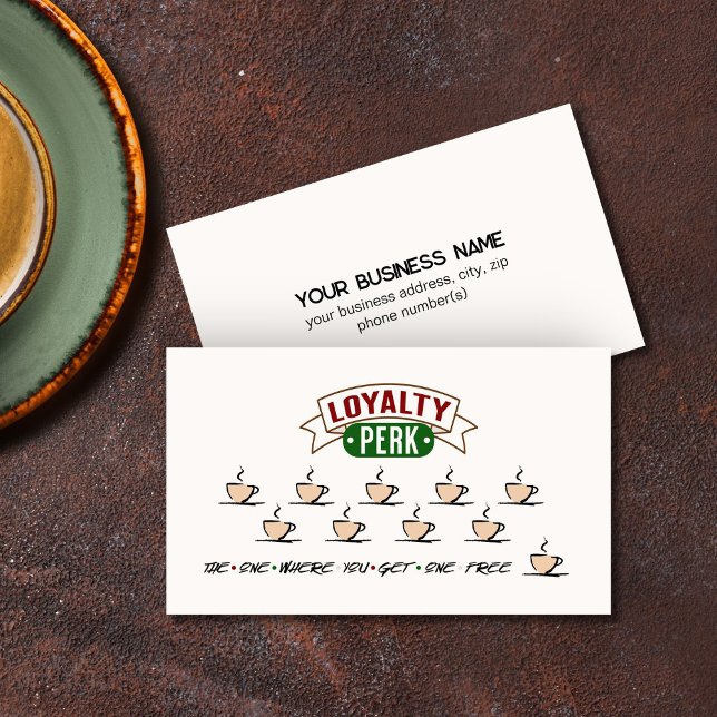 Café Shop Funny Loyalty Carte de visite (Loyalty Card for Coffee Shop with funny loyalty perk slogan logo by Busy Business Bee)