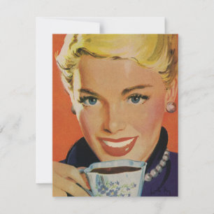 Café Vintage, Femme Heureuse avec Tasse de Café Ré
