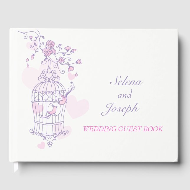Cage d'oiseaux violet / rose mariage livre d'or (Recto)