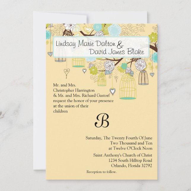 Cage Faire-part de mariage d'oiseaux floraux 5x7 (Devant)