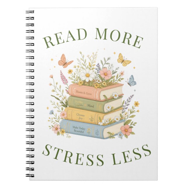 Cahier à couverture florale « Lire plus, stresser  (Devant)