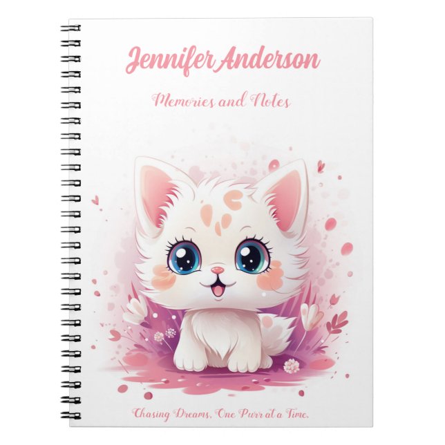 Cahier à nom personnalisé avec un chat kawaii mign (Devant)