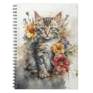 Cahier à reliure spirale Kitten à l'aquarelle avec