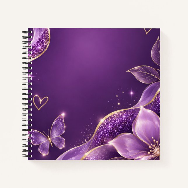Cahier à spirale à fleurs violet pailleté (Devant)