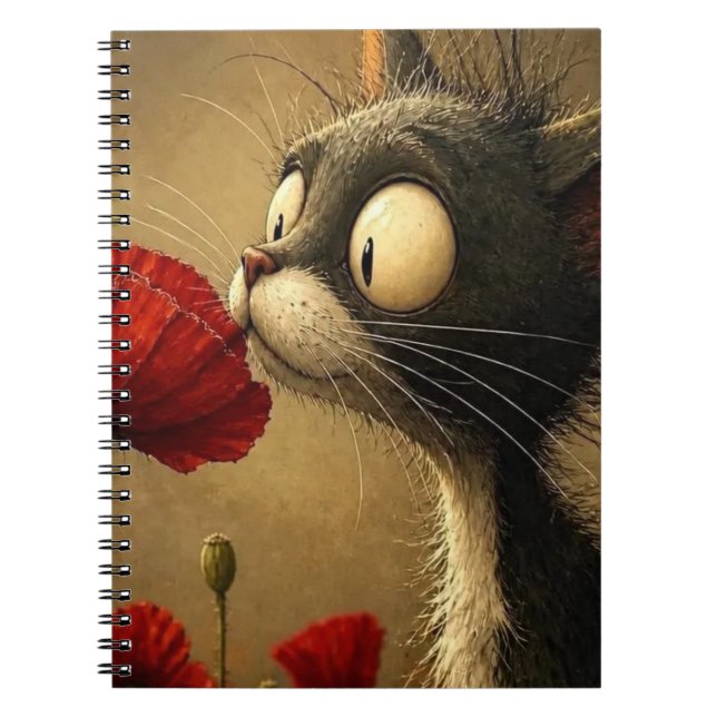 Cahier à spirale avec chat noir et blanc et fleur  (Devant)