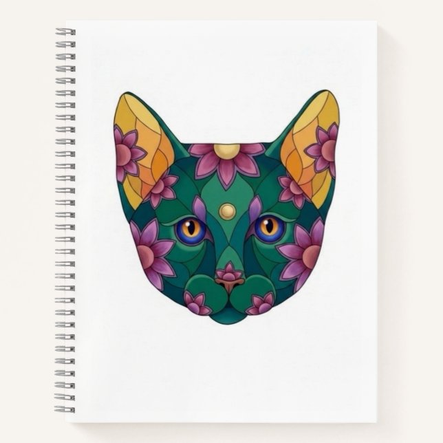 Cahier à spirale avec chat vert et fleurs (Devant)