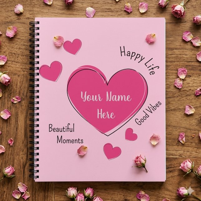 Cahier à spirale coeurs personnalisés Carnet de cr (Pink spiral notebook with pink hearts and customizable texts.)