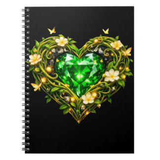 Cahier à spirale de luxe au cœur vert émeraude élé