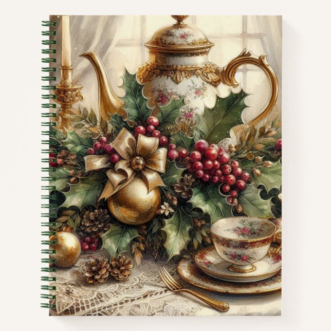 Cahier à spirale élégant théière de Noël vintage (Devant)