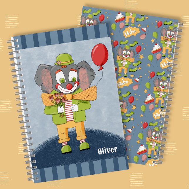 Cahier à spirale enfant éléphant clown mignon avec (Adorable elephant clown blue kid spiral notebook with name .)