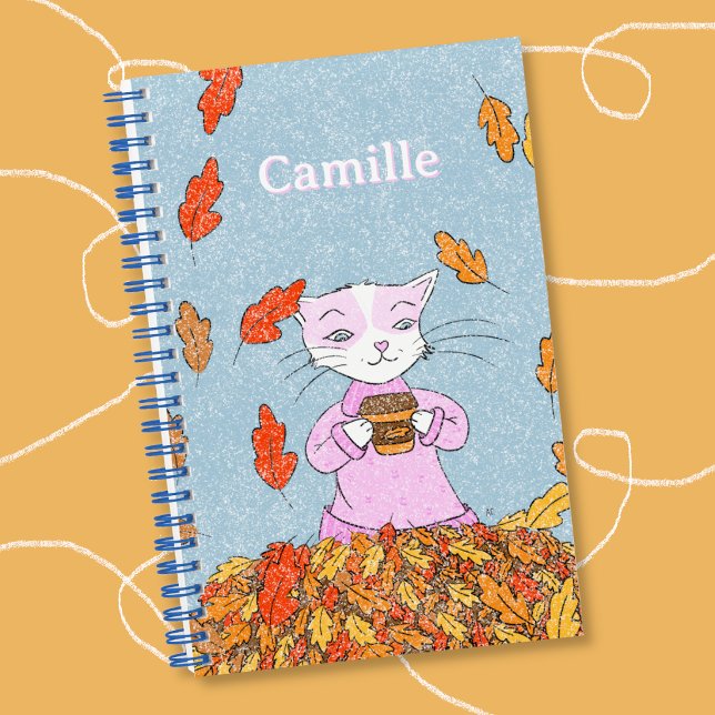 Cahier à spirale Enfant et Chat Gracieux et Feuill (Cute kid personalized notebook
)