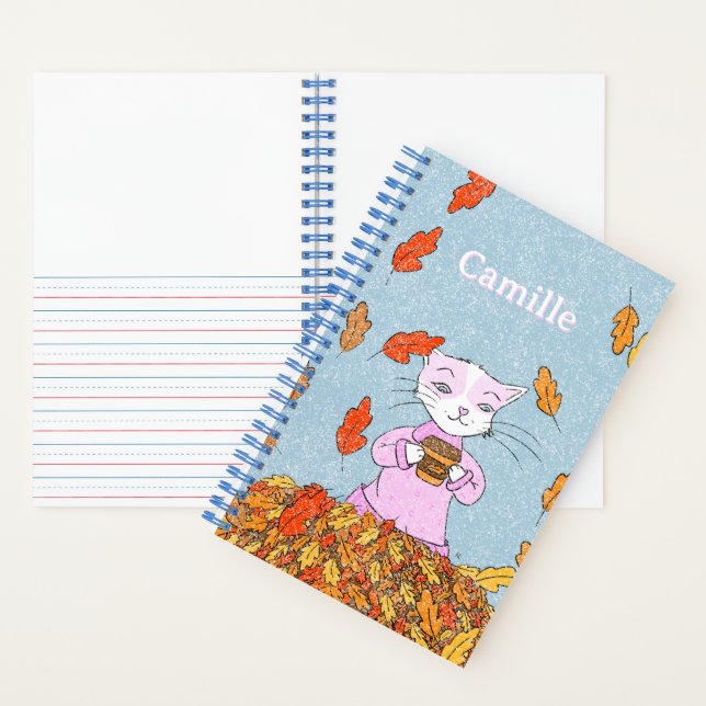 Cahier à spirale Enfant et Feuilles d'Automne Chat (À l'intérieur)