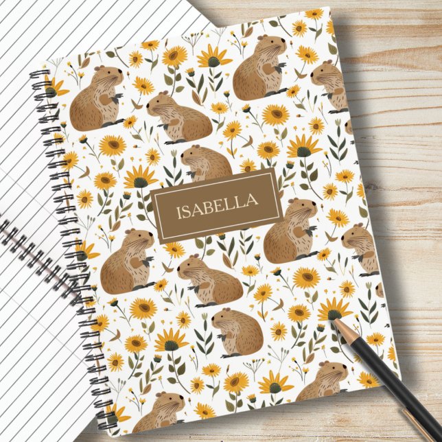 Cahier à spirale floral Capybara Mignon (cute capybara spiral notebook for girls, floral sunflower pattern, personalized notebook gift)