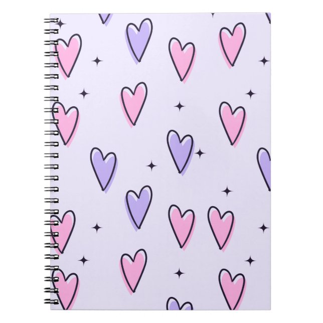 Cahier à spirale joli couleur violet rose coeurs (Devant)