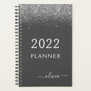 Cahier à spirale monogramme pailleté gris argenté