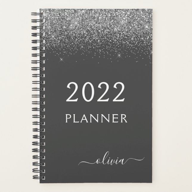 Cahier à spirale monogramme pailleté gris argenté  (Devant)