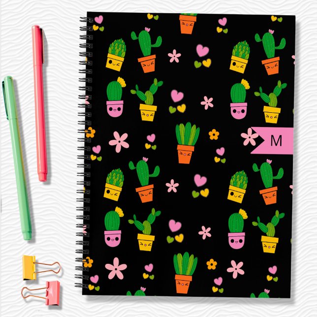 Cahier à spirale noir monogrammé Cactus Kawaii (Créateur téléchargé)
