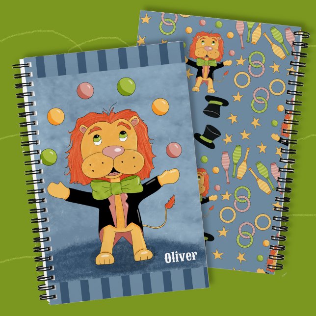 Cahier à spirale personnalisé pour enfant avec jon (Cute personalized kid spiral notebook with a juggling lion . )