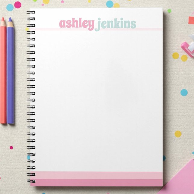 Cahier à spirale personnalisé rose et menthe (Custom name notebook in pastel pink and mint colors)